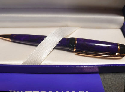 Waterman Phileas Series Blue Marble ballpoint pen with resin body and twist mechanism in Art Deco style