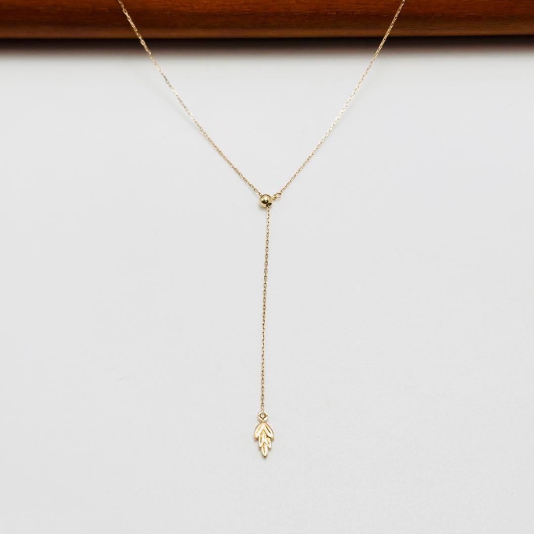 agete K10 gold Y-shaped lariat necklace with leaf diamond pendant and adjustable 60.5 cm chain