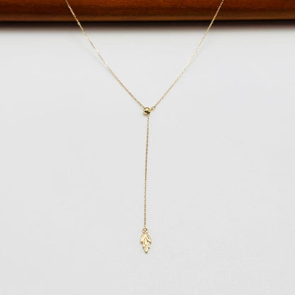 agete K10 gold Y-shaped lariat necklace with leaf diamond pendant and adjustable 60.5 cm chain