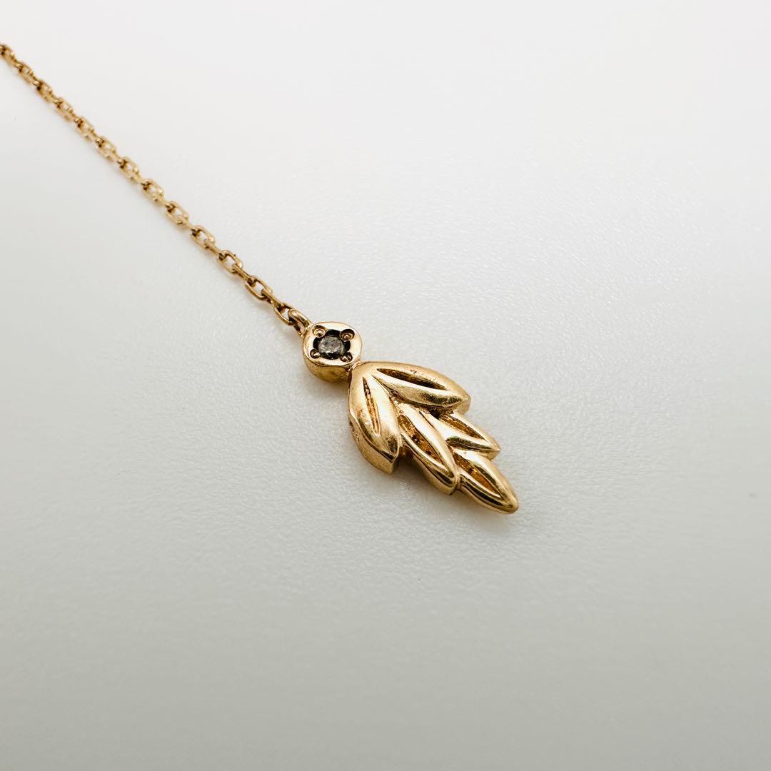 agete K10 gold Y-shaped lariat necklace with leaf diamond pendant and adjustable 60.5 cm chain