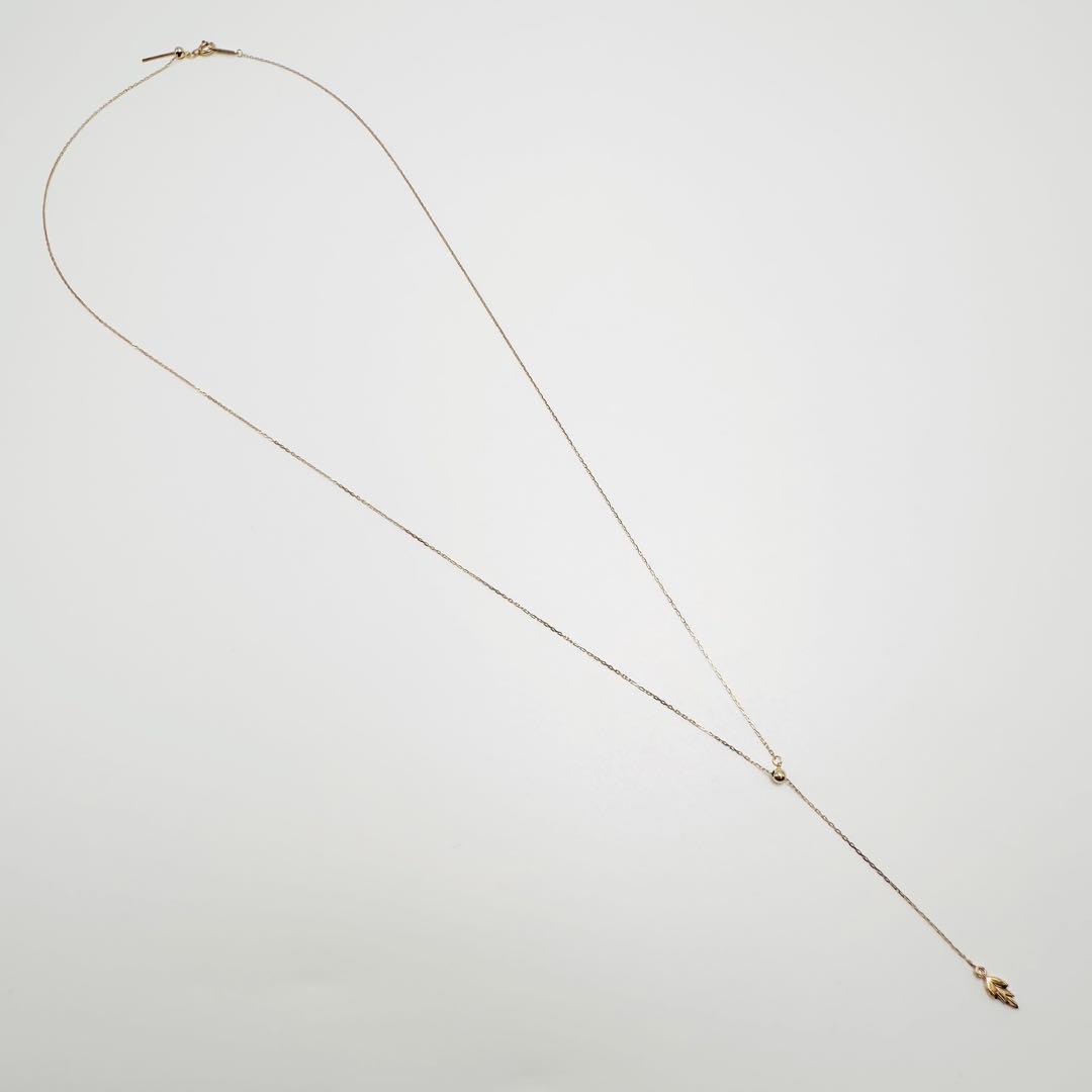 agete K10 gold Y-shaped lariat necklace with leaf diamond pendant and adjustable 60.5 cm chain
