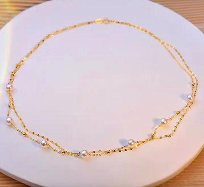 Law K18YG Akoya Pearl Station Necklace with 18K double chain and two layers featuring 5-5.5 mm Akoya pearls