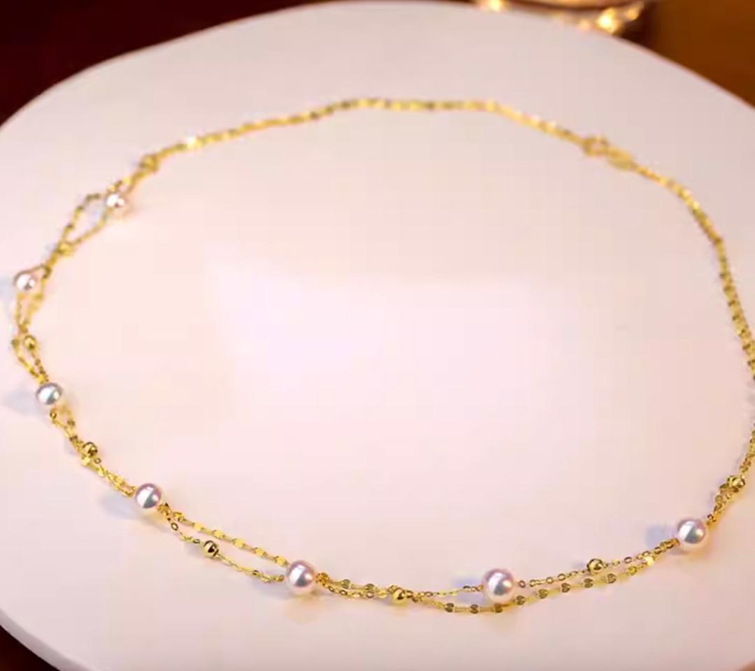 Law K18YG Akoya Pearl Station Necklace with 18K double chain and two layers featuring 5-5.5 mm Akoya pearls