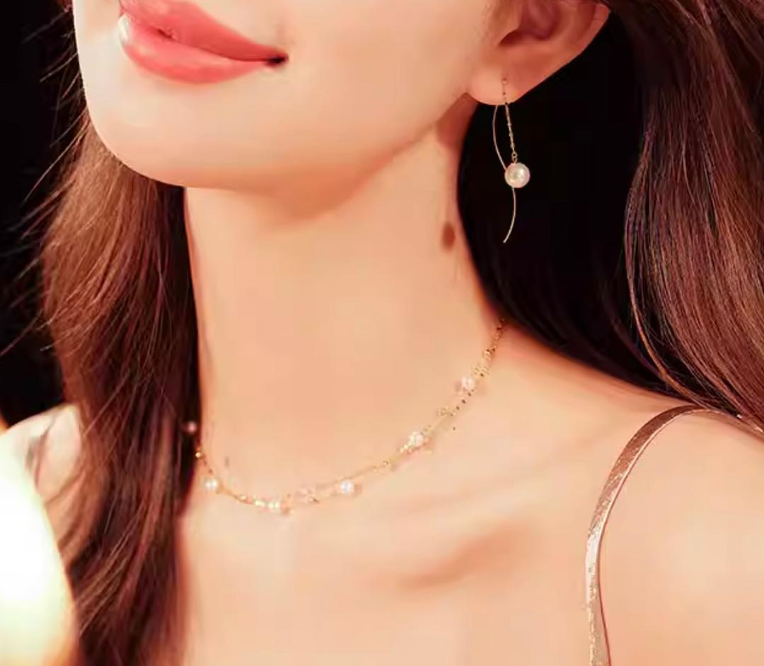 Law K18YG Akoya Pearl Station Necklace with 18K double chain and two layers featuring 5-5.5 mm Akoya pearls