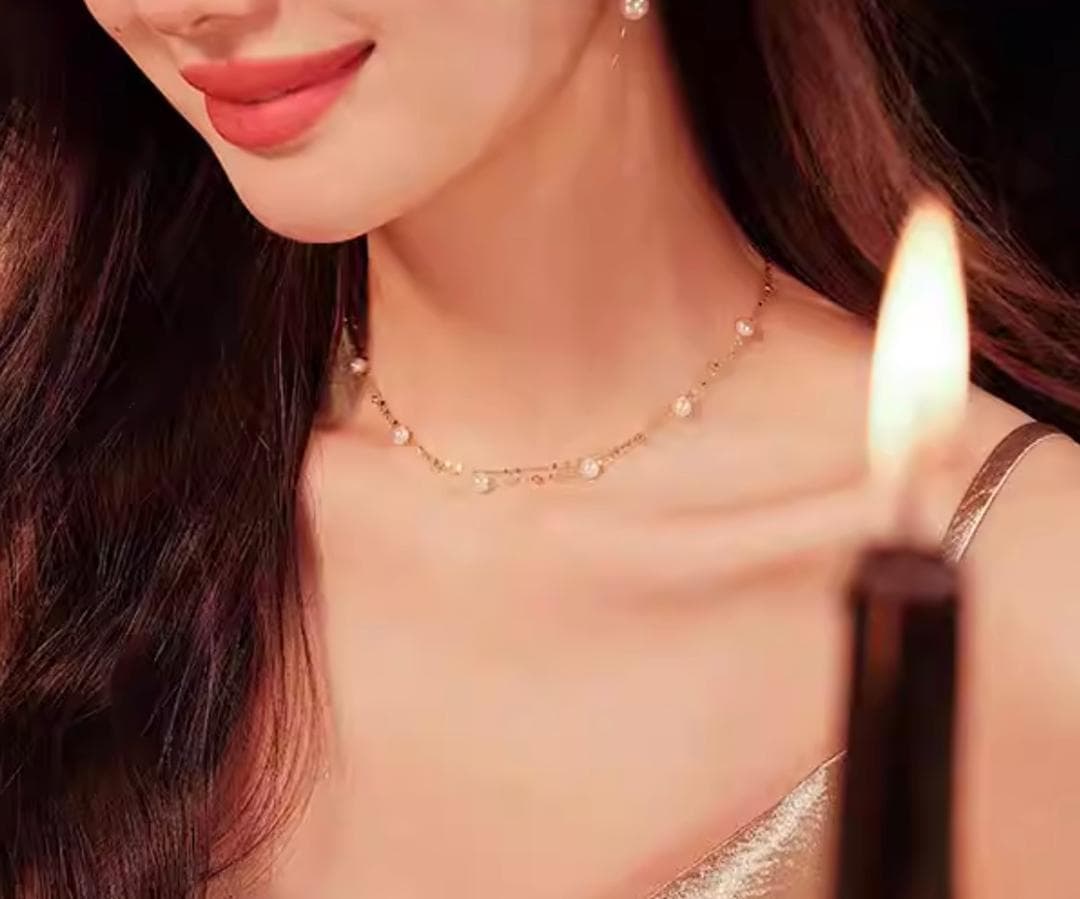 Law K18YG Akoya Pearl Station Necklace with 18K double chain and two layers featuring 5-5.5 mm Akoya pearls