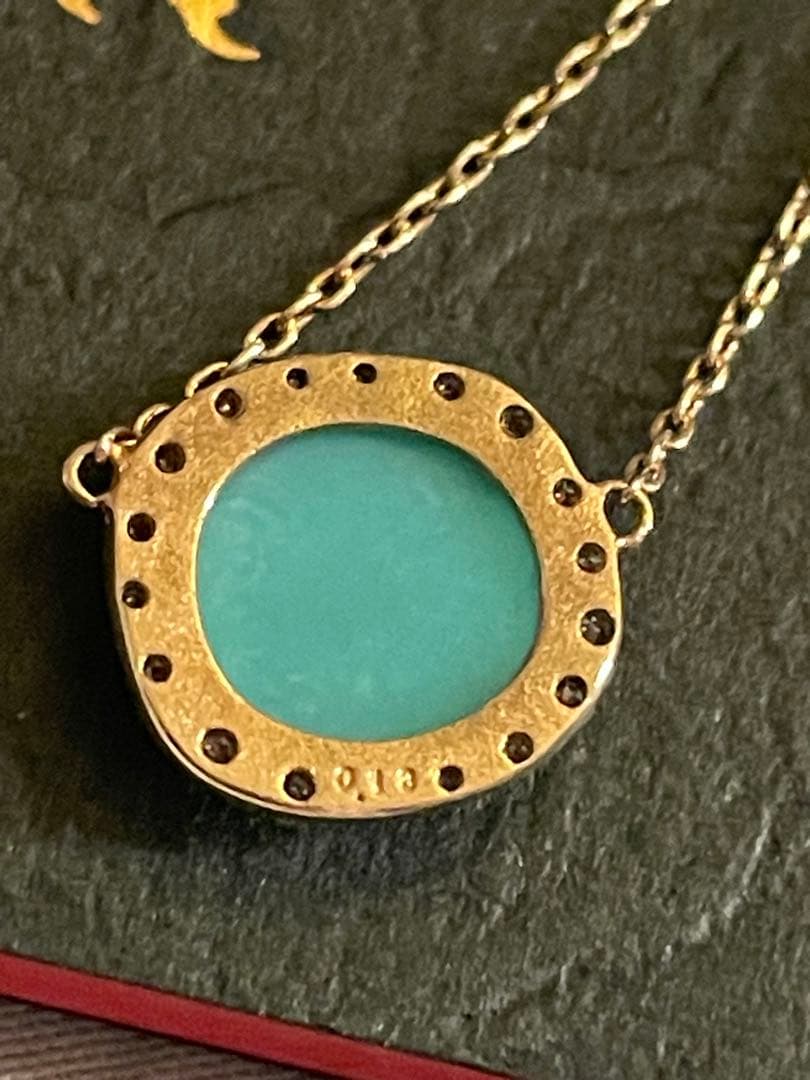Rare Agete K10 turquoise diamond necklace with 0.13ct diamonds and initial model design weighing 2.0 grams