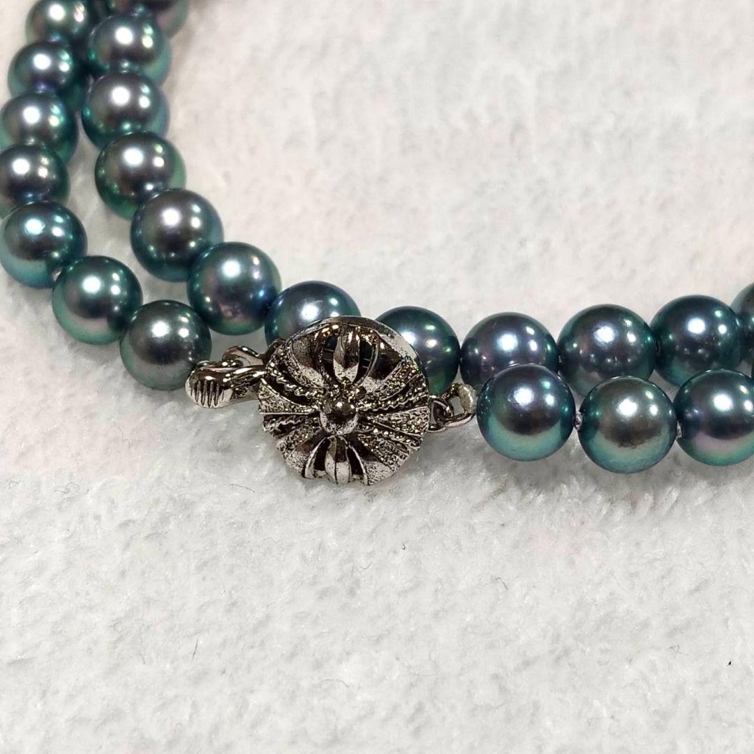 Akoya genuine pearl necklace with blue silver beads, pearls sized 6 to 6.5 mm, 43 cm length