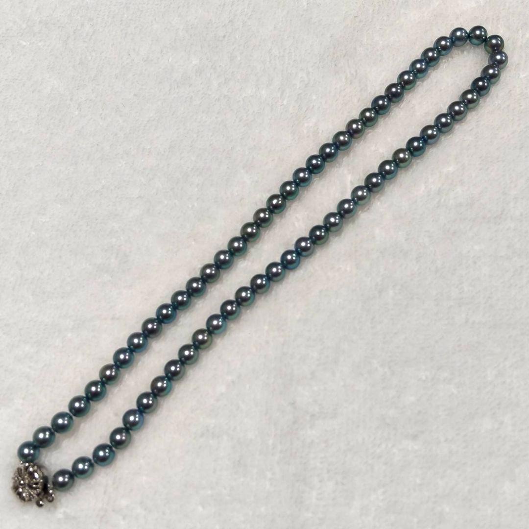 Akoya genuine pearl necklace with blue silver beads, pearls sized 6 to 6.5 mm, 43 cm length