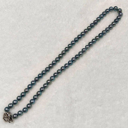 Akoya genuine pearl necklace with blue silver beads, pearls sized 6 to 6.5 mm, 43 cm length