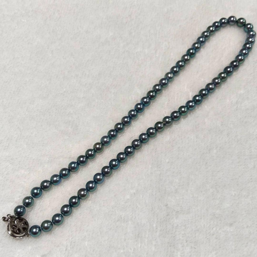 Akoya genuine pearl necklace with blue silver beads, pearls sized 6 to 6.5 mm, 43 cm length