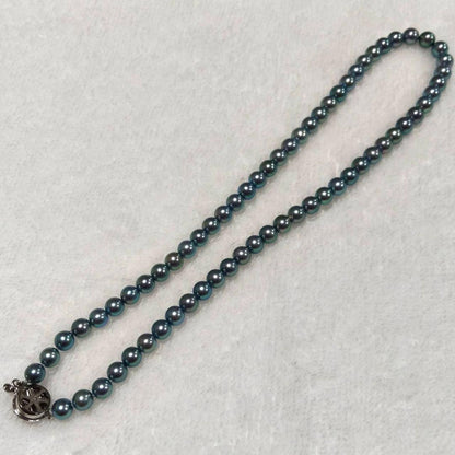 Akoya genuine pearl necklace with blue silver beads, pearls sized 6 to 6.5 mm, 43 cm length