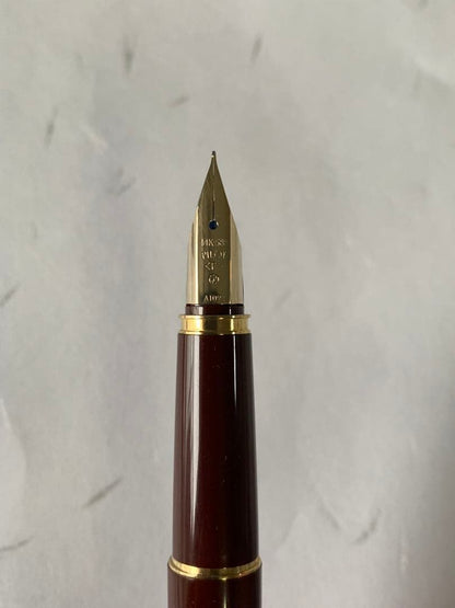 PILOT DELUXE fountain pen in Bordeaux with 14K fine nib shown from side on white background