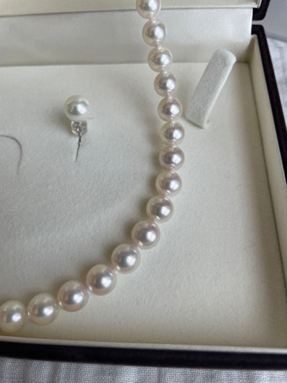 Akoya Pearl Aurora Hanadama necklace with 7.7mm pearls and matching 14k white gold earrings