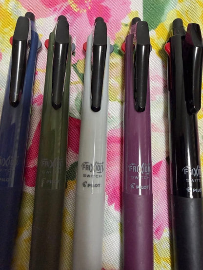 Pack of 5 Frixion Ball Switch pens with erasable red and non-erasable black ink and 3 color refills