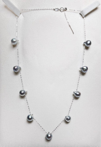 Long Island Goto Islands Akoya Pearl Station Necklace NC2 with 8-8.5mm Cleopatra Baroque pearls on silver adjustable chain