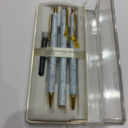 William Morris Collection pen set including ballpoint pen, mechanical pencil, and fountain pen in original box