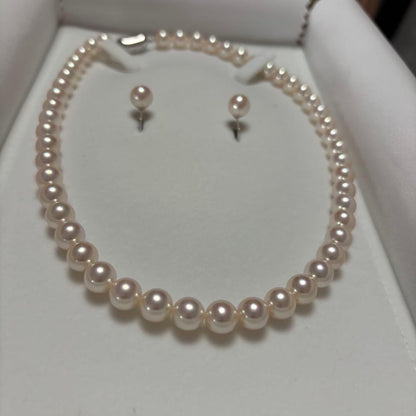 Aurora Hanadama Akoya pearl necklace and earrings with pearls about 8.0-8.5mm and 8.4mm in size