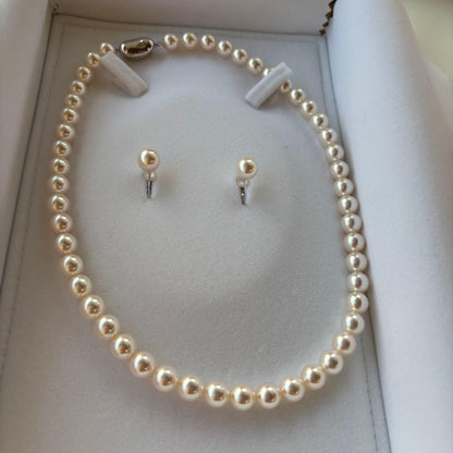 Aurora Hanadama Akoya pearl necklace and earrings with pearls about 8.0-8.5mm and 8.4mm in size