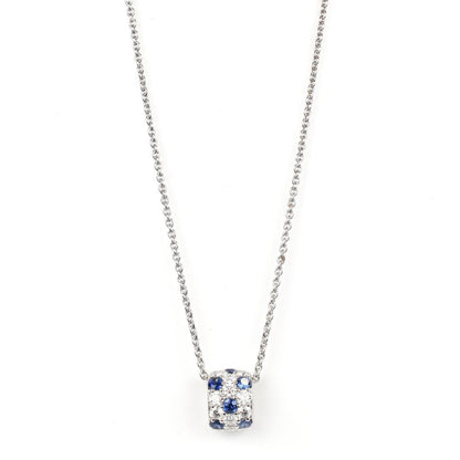 Newly restored Mikimoto white gold necklace with sapphire and diamond pendant measuring 39 cm length
