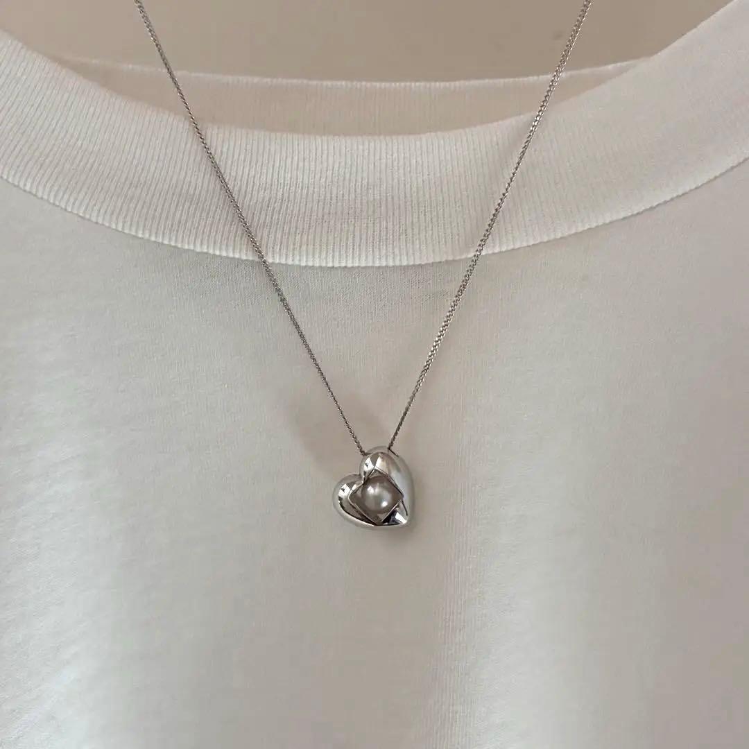 MIKIMOTO Silver 925 necklace with heart motif pendant and 7mm pearl on 45cm chain
