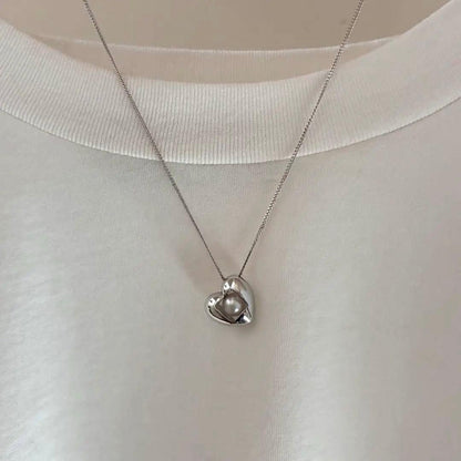 MIKIMOTO Silver 925 necklace with heart motif pendant and 7mm pearl on 45cm chain