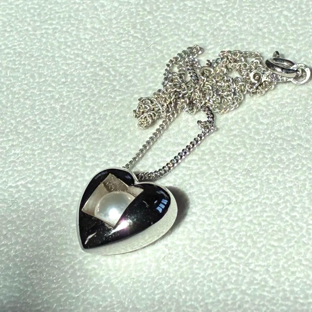 MIKIMOTO Silver 925 necklace with heart motif pendant and 7mm pearl on 45cm chain