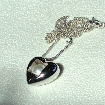 MIKIMOTO Silver 925 necklace with heart motif pendant and 7mm pearl on 45cm chain