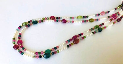 K18 2-strand gold necklace featuring 52 Akoya baby pearls and tourmaline details