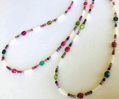 K18 2-strand gold necklace featuring 52 Akoya baby pearls and tourmaline details