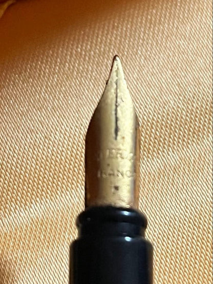 Vintage Waterman fountain pen shown with its protective case on a white background