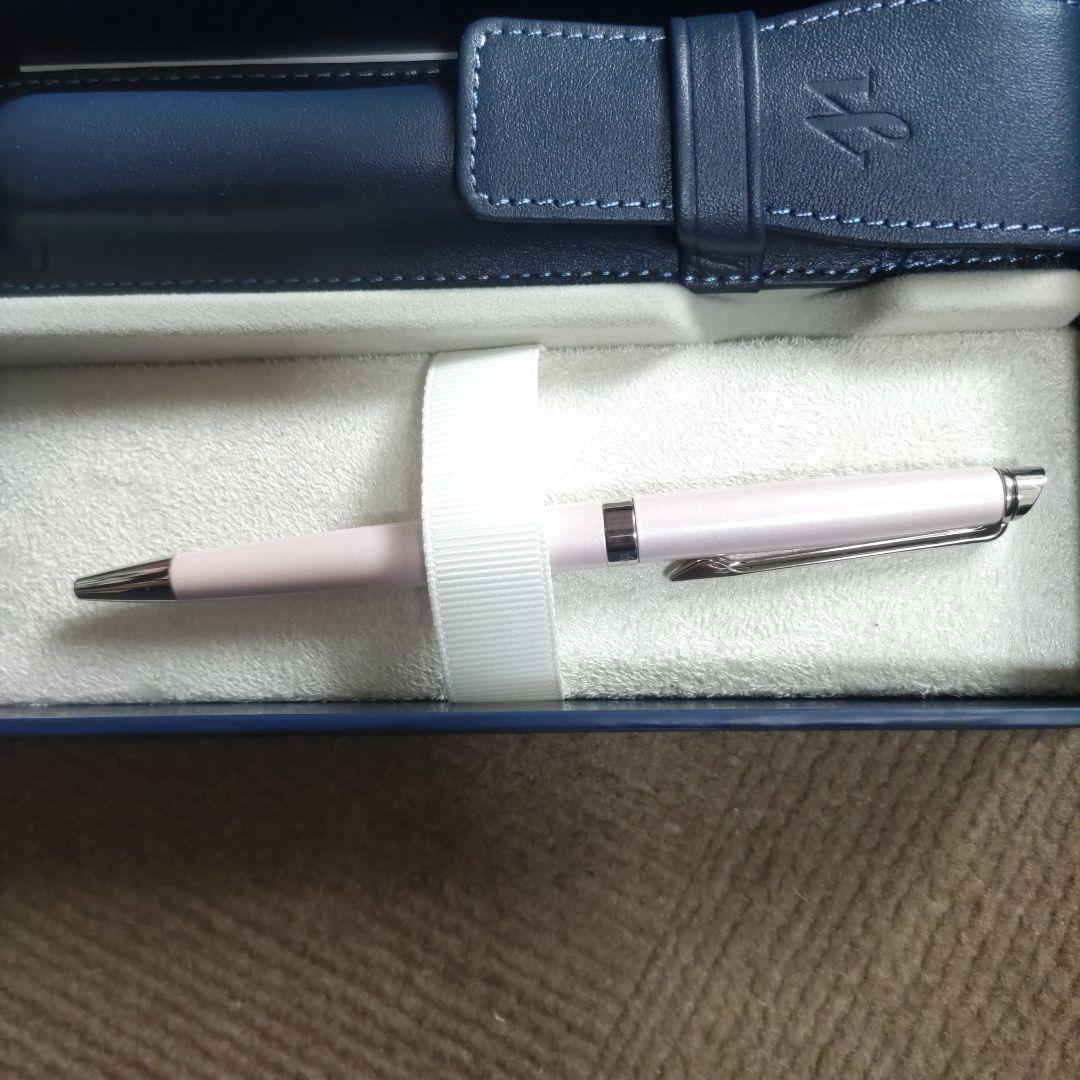 WATERMAN ballpoint pen with light pink body and silver trim, displayed with matching pen case