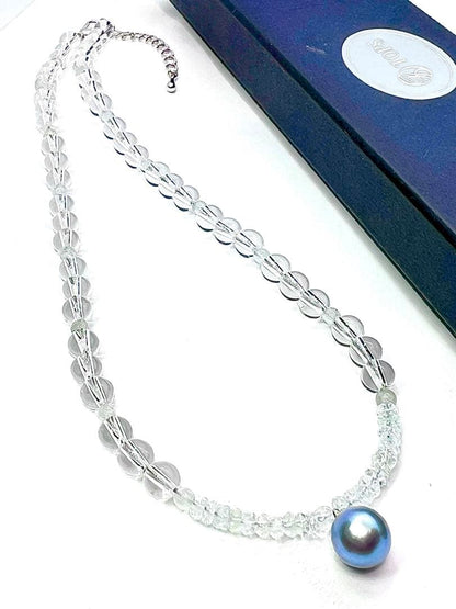 Akoya pearl and blue pearl necklace with aquamarine and quartz beads, 41 to 46 cm length