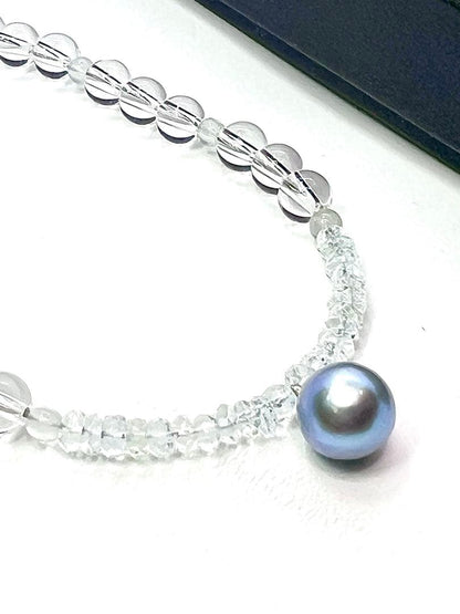 Akoya pearl and blue pearl necklace with aquamarine and quartz beads, 41 to 46 cm length