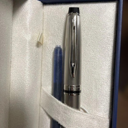 Waterman Fountain Pen Body in stainless steel with medium tip and dedicated case, showing engraving on grip part