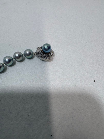Akoya gray pearl necklace with silver chain on a white background