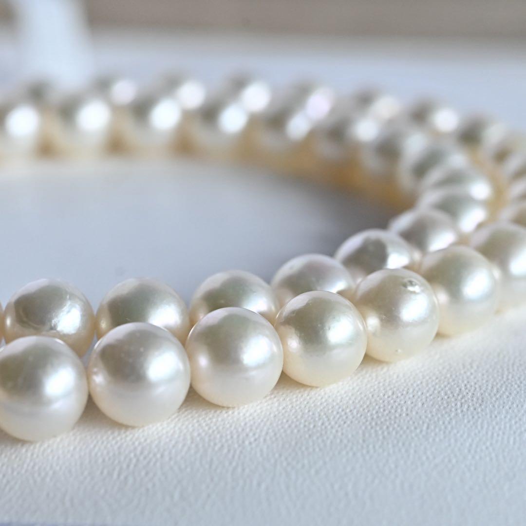 Takase Akoya pearl necklace with 7.5mm round pearls and silver ribbon clasp on a white background