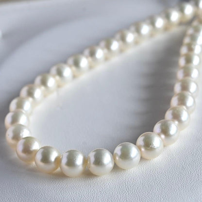 Takase Akoya pearl necklace with 7.5mm round pearls and silver ribbon clasp on a white background