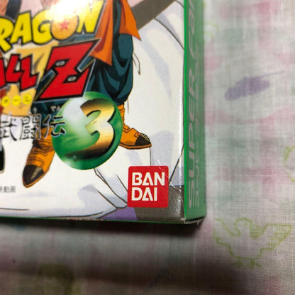 Dragon Ball Z Super Butoden 3 SNES video game cartridge and box with slight damage on bottom right corner
