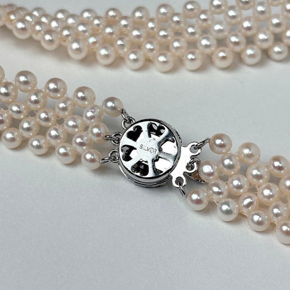 Small pearl three-row knitted necklace with 4.2mm pearls and 45cm length featuring an insert-shaped clasp