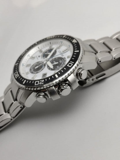 Citizen Eco-Drive Chronograph Alarm Panda Dial Solar Men's Watch — Japanese