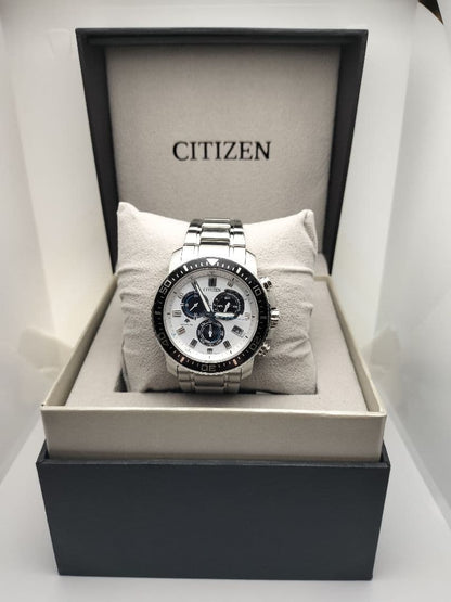 Citizen Eco-Drive Chronograph Alarm Panda Dial Solar Men's Watch — Japanese