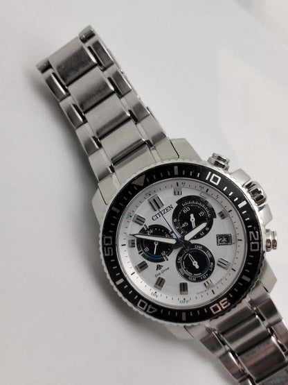 Citizen Eco-Drive Chronograph Alarm Panda Dial Solar Men's Watch — Japanese