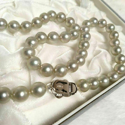Yamato Gray Pearl Necklace featuring 8mm light gray Akoya pearls with silver marking on a 43cm chain