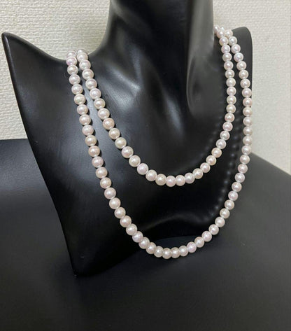 Akoya pearl long necklace 105 cm silver chain pink cherry-blossom color single strand