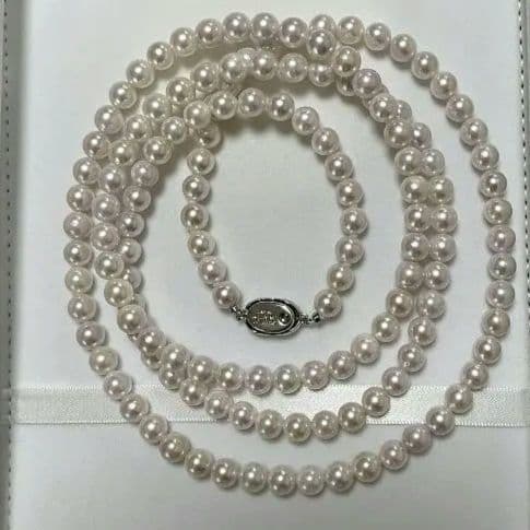 Akoya pearl long necklace 105 cm silver chain pink cherry-blossom color single strand