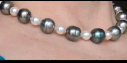 Kurocho Pearl Akoya Monotone Necklace with oval peacock green black pearls and round white pink Akoya pearls