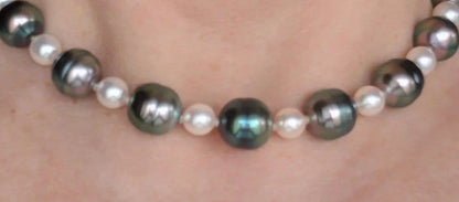 Kurocho Pearl Akoya Monotone Necklace with oval peacock green black pearls and round white pink Akoya pearls