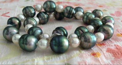 Kurocho Pearl Akoya Monotone Necklace with oval peacock green black pearls and round white pink Akoya pearls