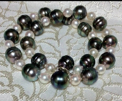 Kurocho Pearl Akoya Monotone Necklace with oval peacock green black pearls and round white pink Akoya pearls