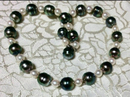 Kurocho Pearl Akoya Monotone Necklace with oval peacock green black pearls and round white pink Akoya pearls